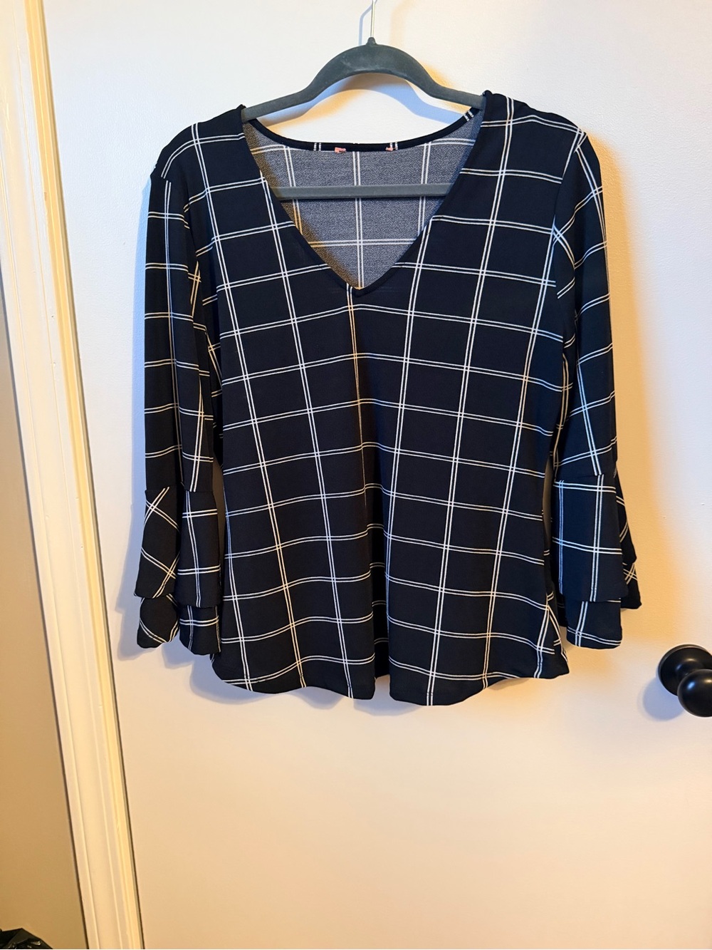 Women’s Black Windowpane V-Neck Blouse Sz. S